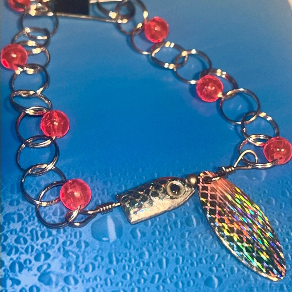 Silver and Red Beaded Fishing Lure Bracelet
